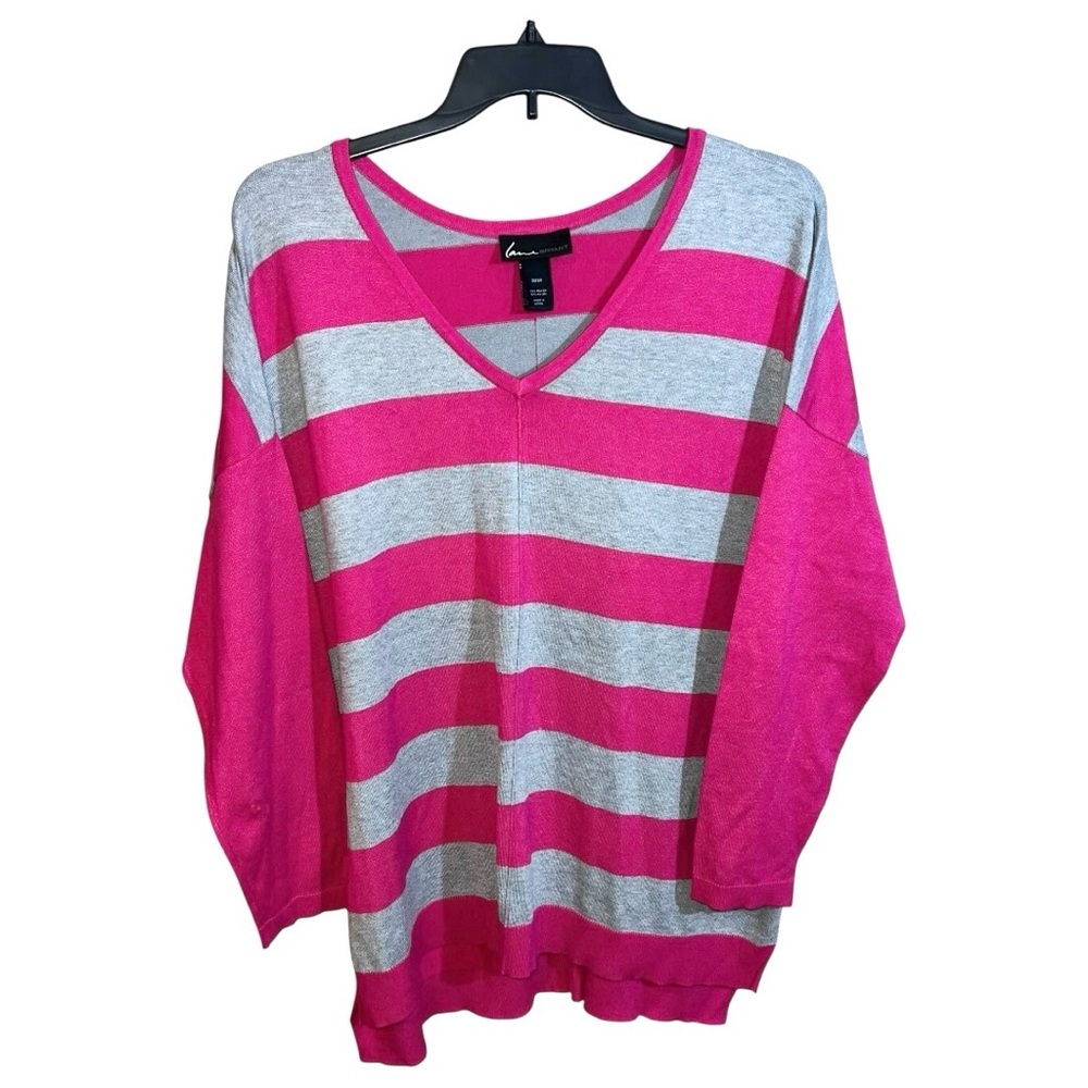 Lane Bryant Sweater Women’s Size 22/24 Pink Grey Stripes 3/4 Sleeve V-Neck